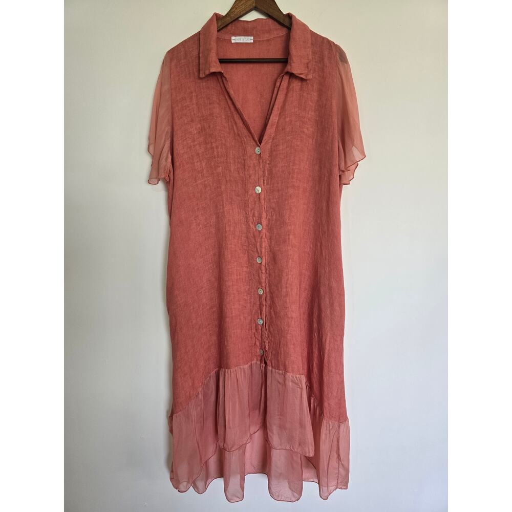 Made in Italy Linen Silk Midi Dress Coral Button Front Ruffle Hem Size: M-L